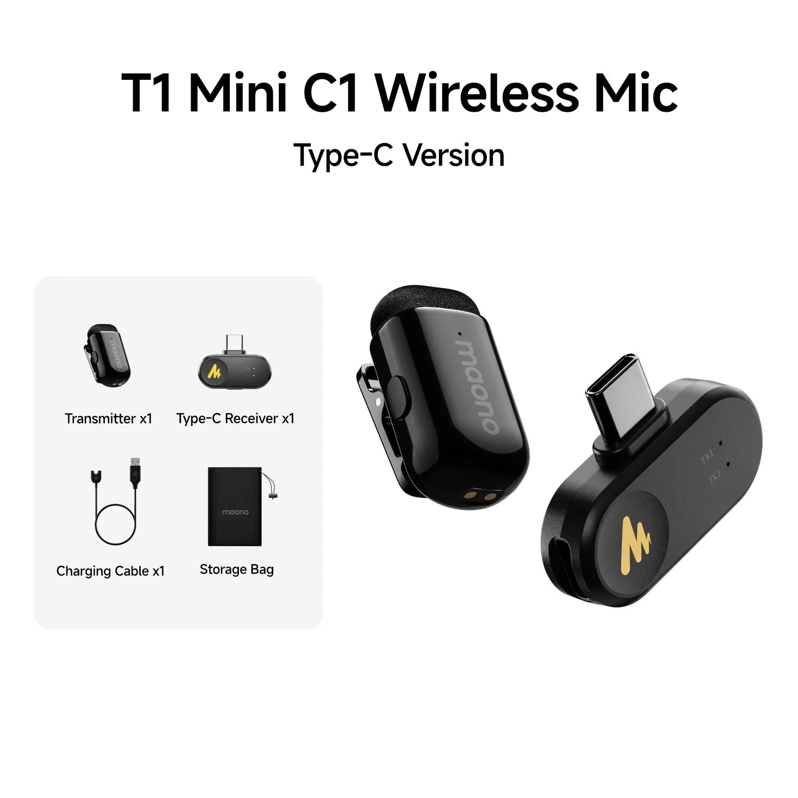 Maono Wave T1 mini – Wireless Lavalier Microphone | AI Noise Cancellation, Auto‑Clipping & App Control for iPhone, Android & PC Video Recording