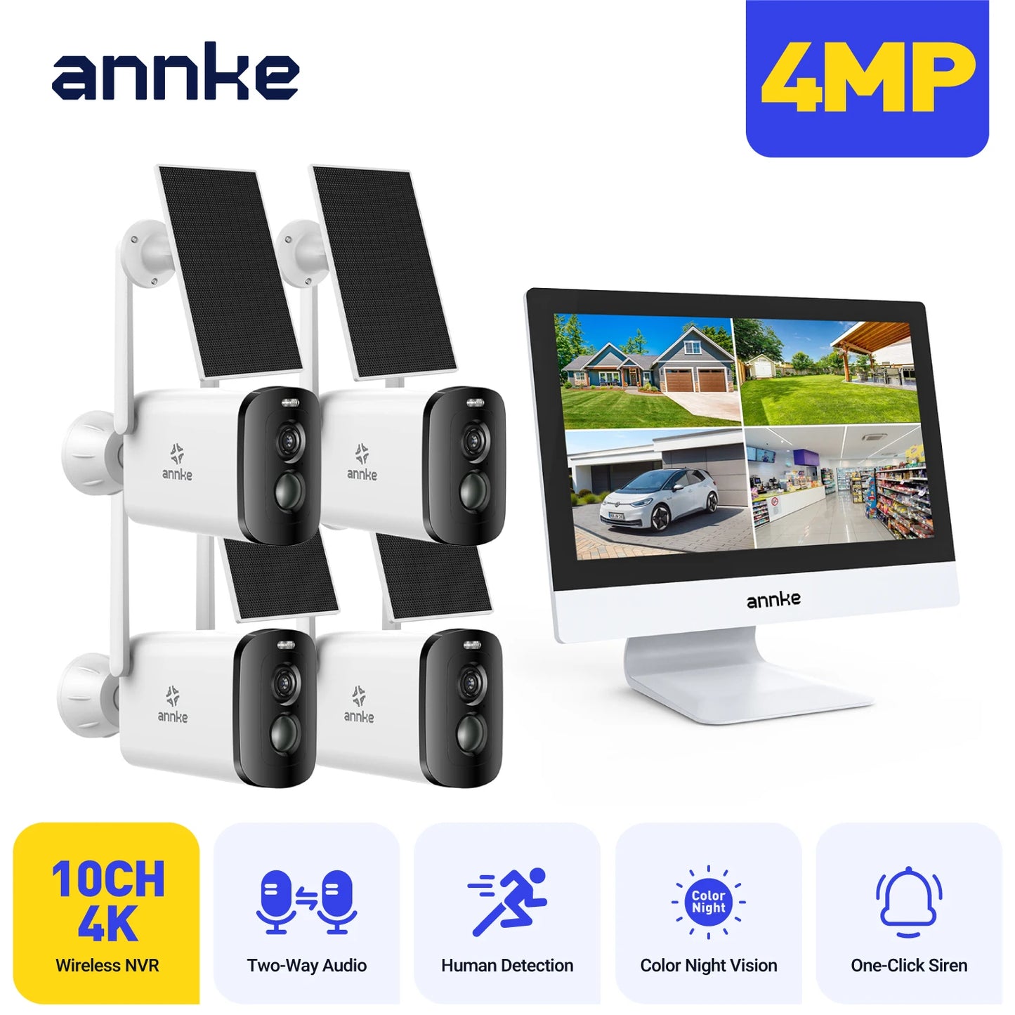 ANNKE 4MP Solar CCTV System | 10CH NVR, 5MP PTZ WiFi Cameras, PIR & Color Night Vision