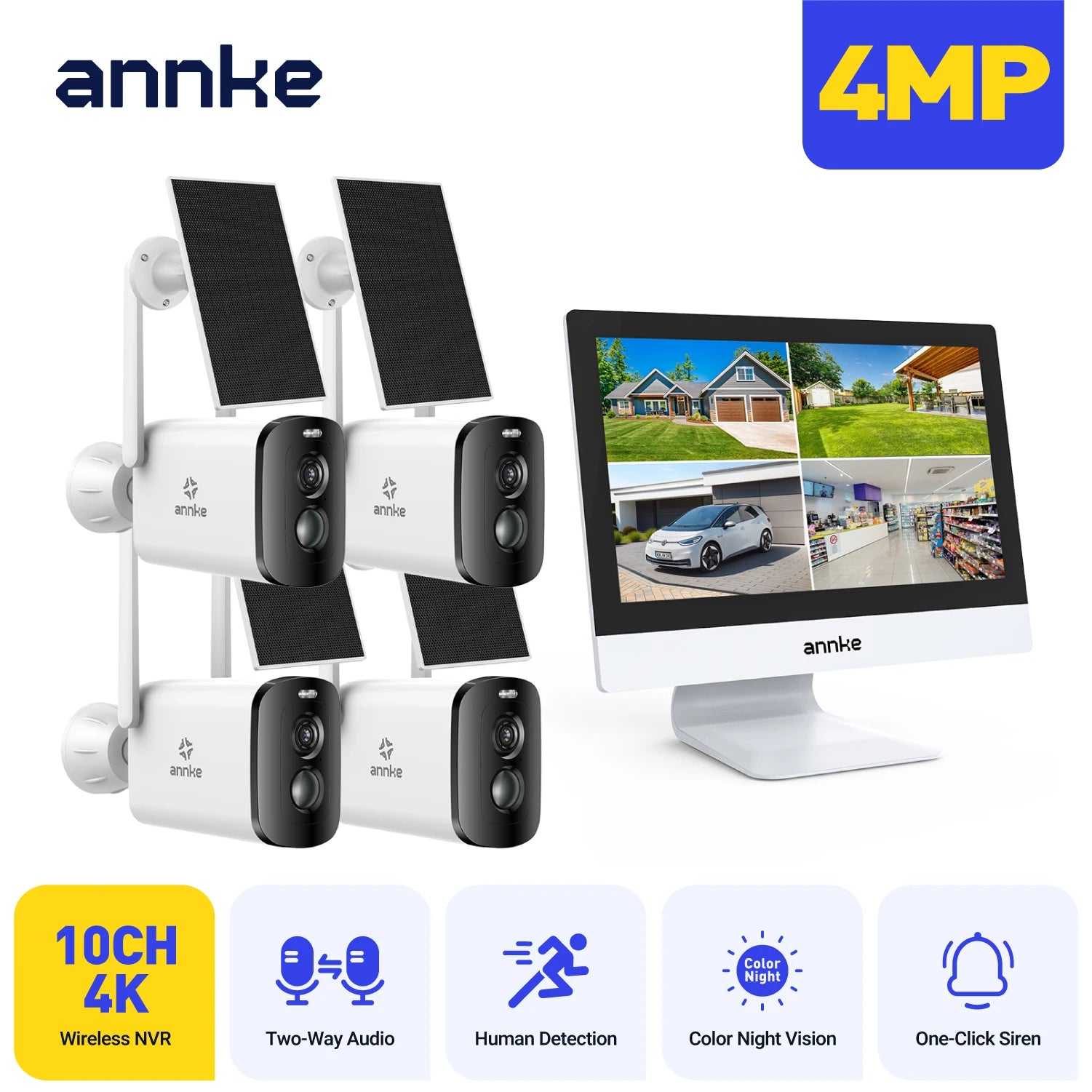 ANNKE 4MP Solar CCTV System | 10CH NVR, 5MP PTZ WiFi Cameras, PIR & Color Night Vision