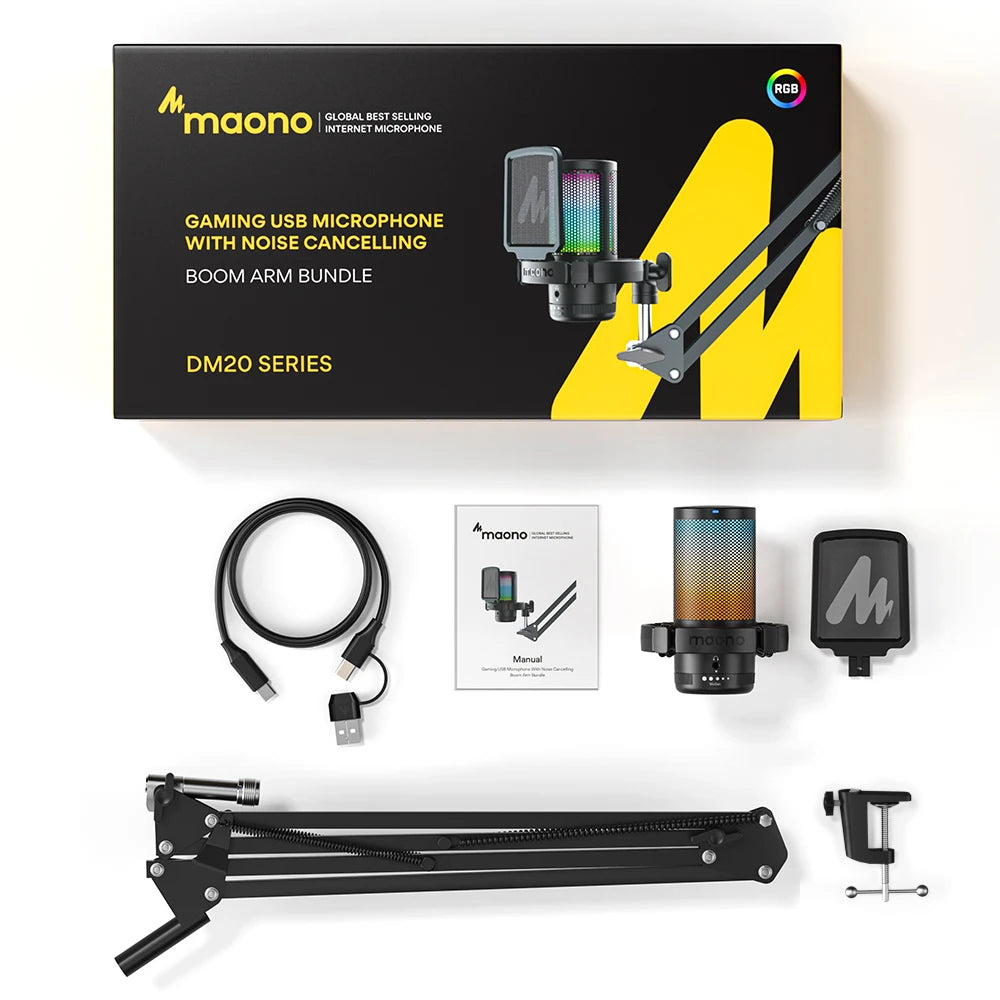 Maono DGM20S – USB Gaming Condenser Microphone | RGB Lighting, Noise Cancellation & Boom Arm for Streaming, Podcasting, YouTube & TikTok