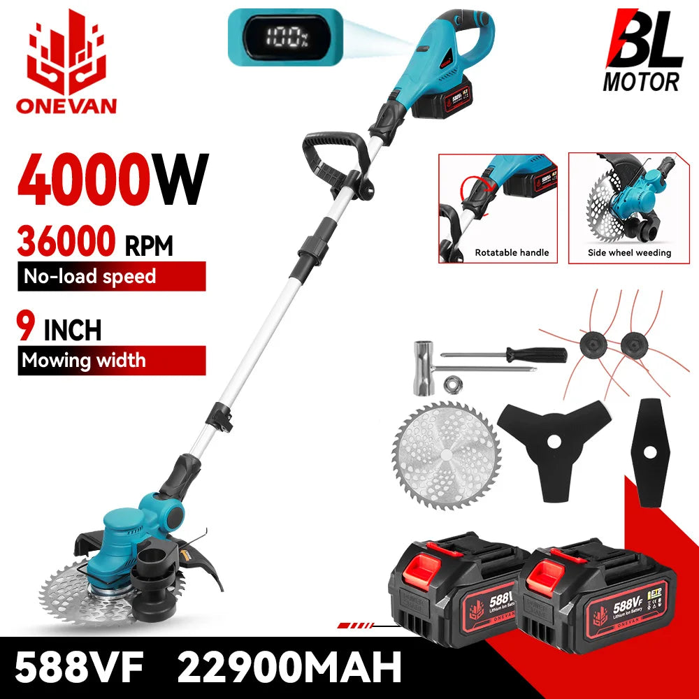 ONEVAN 9" Brushless 4000W 36,000 RPM Cordless Grass Trimmer | Foldable Lawn Mower Cutter