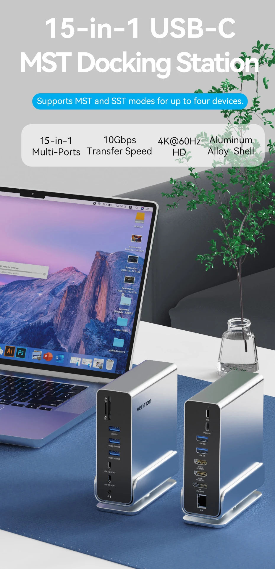 Vention USB‑C 15‑in‑1 Dock | Triple Monitor 4K 60Hz HDMI + DP, USB 3.2, PD 100W for MacBook & Windows