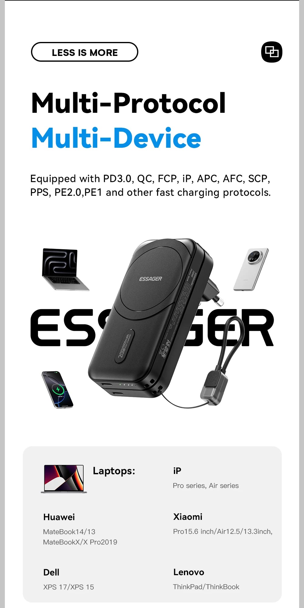 ESSAGER 3-in-1 Magnetic 65W GaN Charger Power Bank 5000mAh