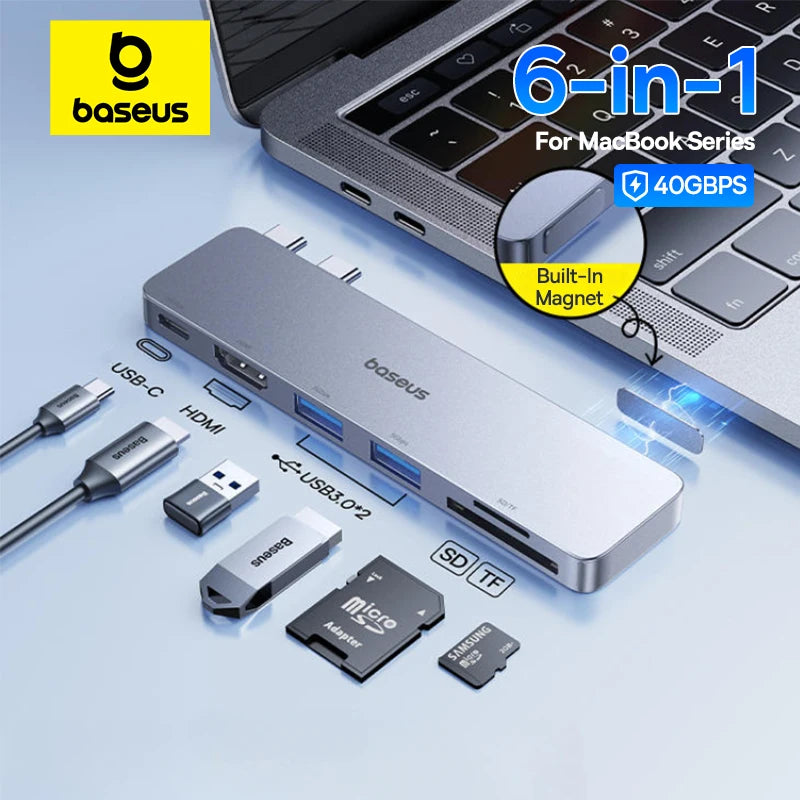 Baseus Dual USB‑C Hub | HDMI 4K@30Hz, Thunderbolt 3/4 40Gbps, USB 3.0, SD/TF