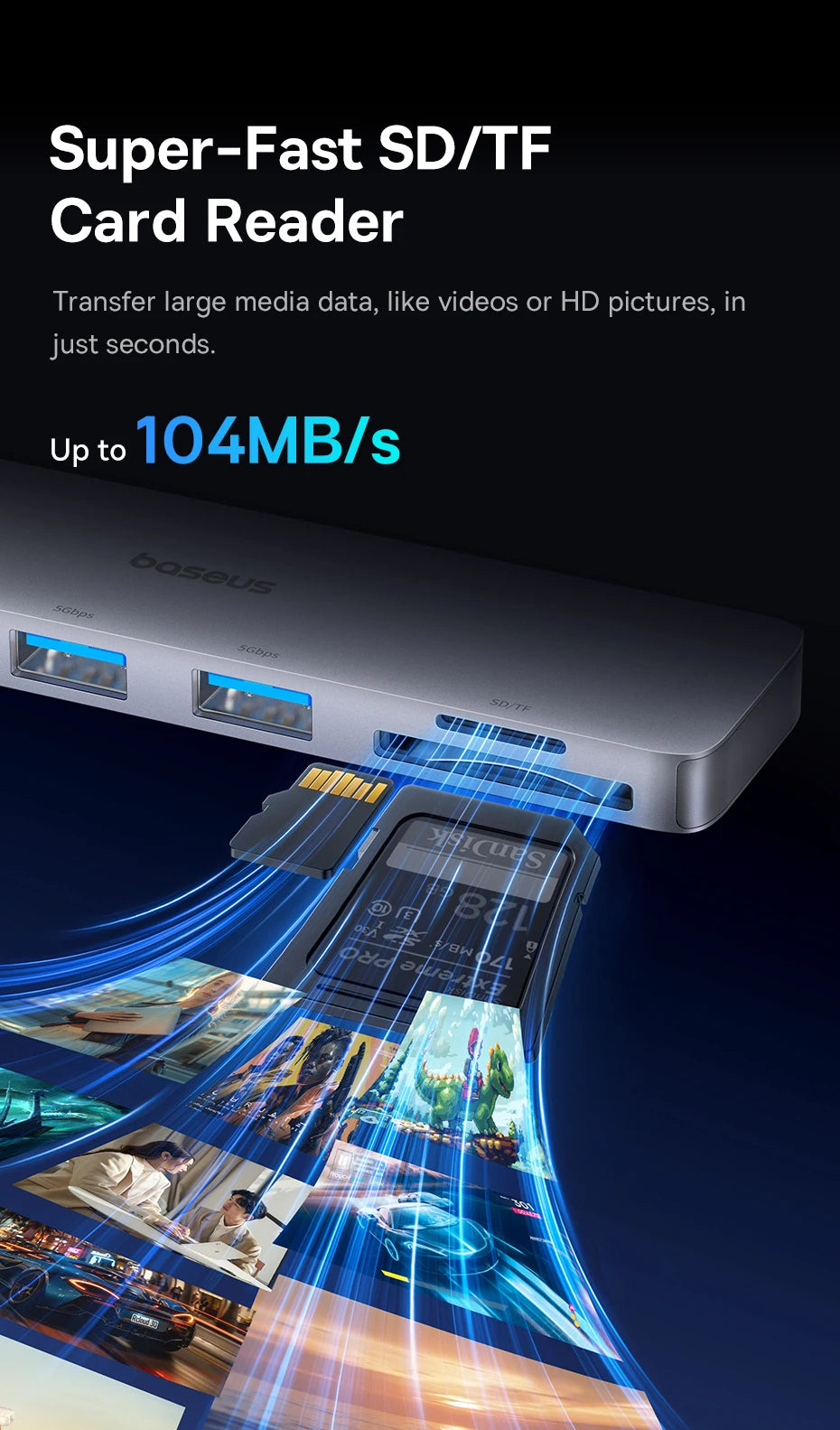 Baseus Dual USB‑C Hub | HDMI 4K@30Hz, Thunderbolt 3/4 40Gbps, USB 3.0, SD/TF