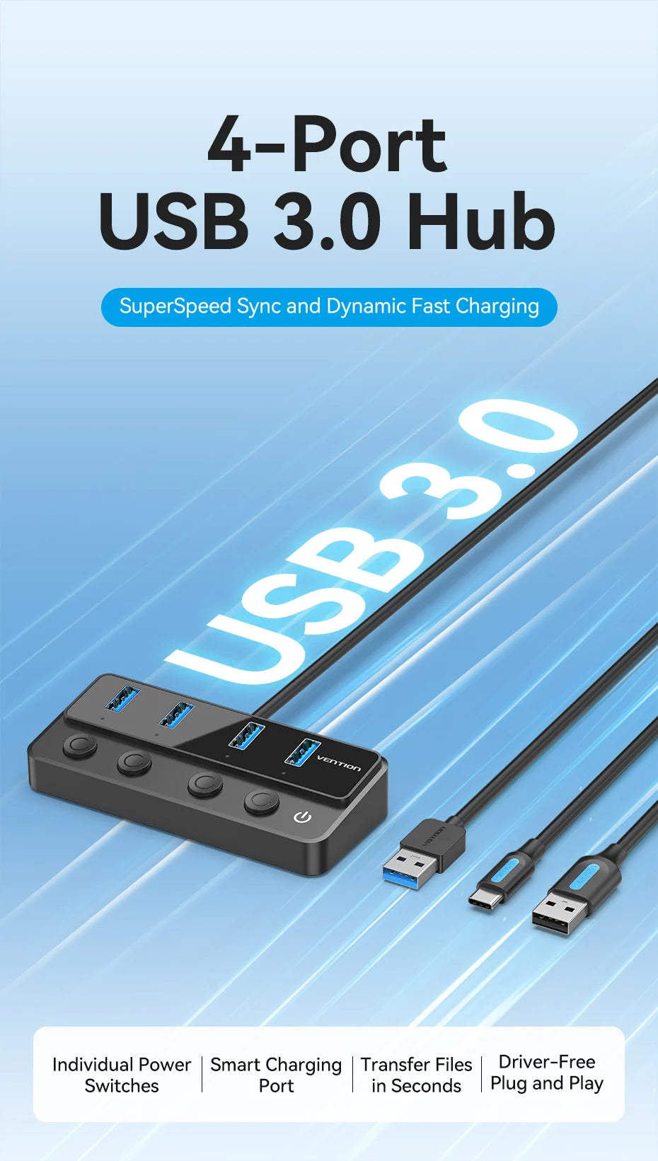 Vention USB 3.0 HUB with Individual Switches | 5Gbps High‑Speed USB‑A Port Extender