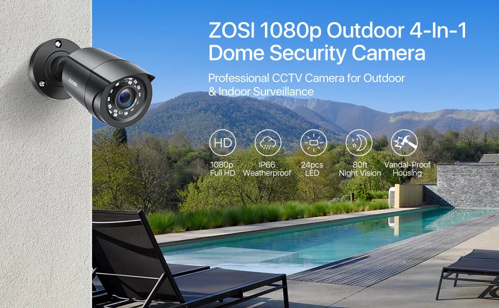 ZOSI 4× 1080p HD‑TVI Security Cameras – Outdoor Weatherproof CCTV Cameras with 80ft IR Night Vision
