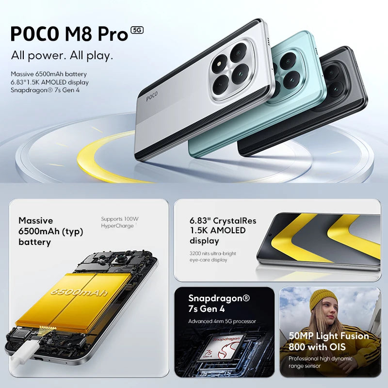 【World Premiere】POCO M8 Pro 5G Smartphone Global Version Snapdragon® 7s Gen 4 Octa core 6500mAh battery 100W HyperCharge  6.83" CrystalRes 1.5K AMOLED display 50MP Camera NFC - Limetastore