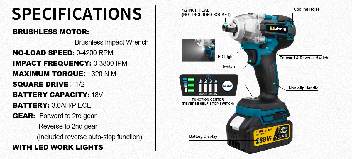 Gisam 320N.m Brushless Impact Wrench 1/2"
