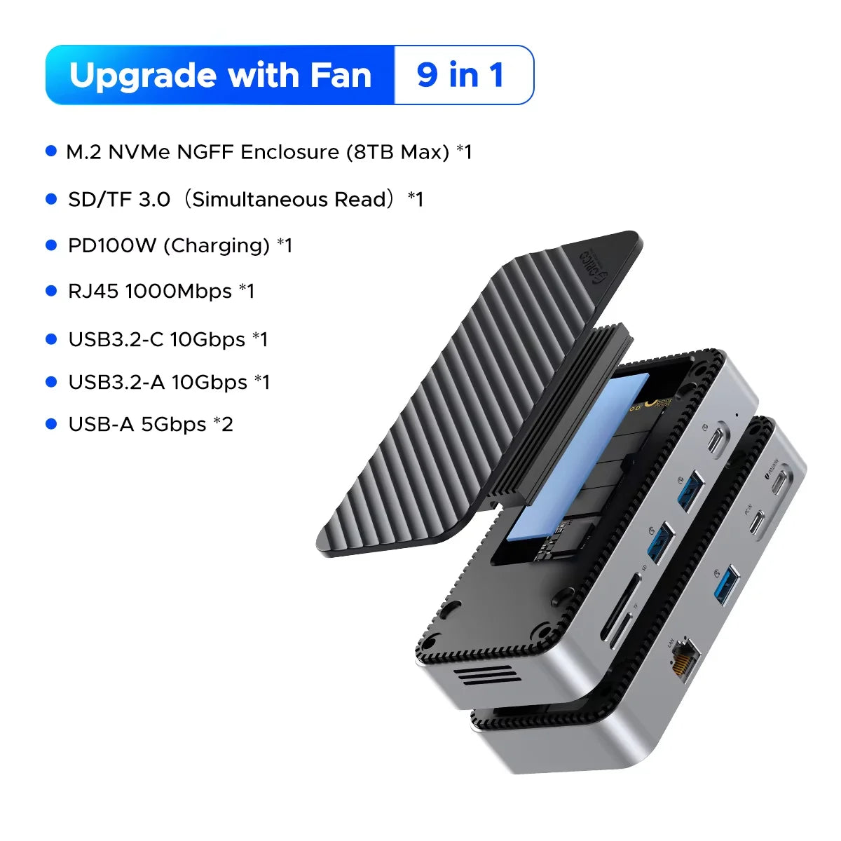 ORICO 10Gbps USB‑C Display Hub with M.2 NVMe/SATA SSD Enclosure, Cooling Fan, 4K60Hz HDMI