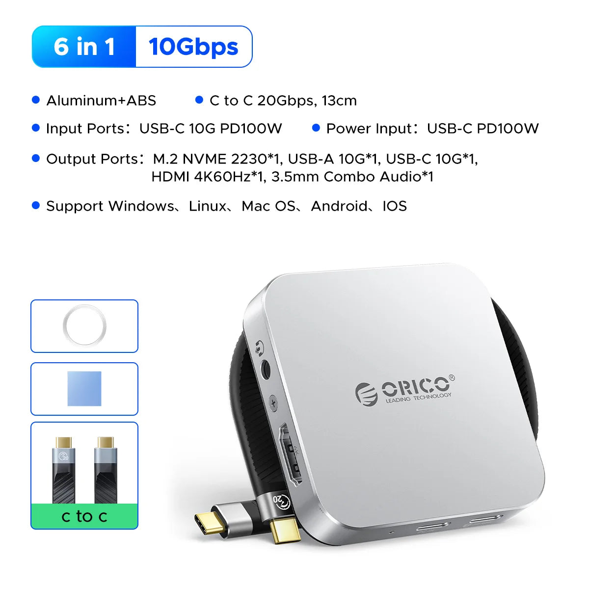 ORICO Magnetic M.2 2230 NVMe SSD Enclosure with 10Gbps USB‑C Docking Station