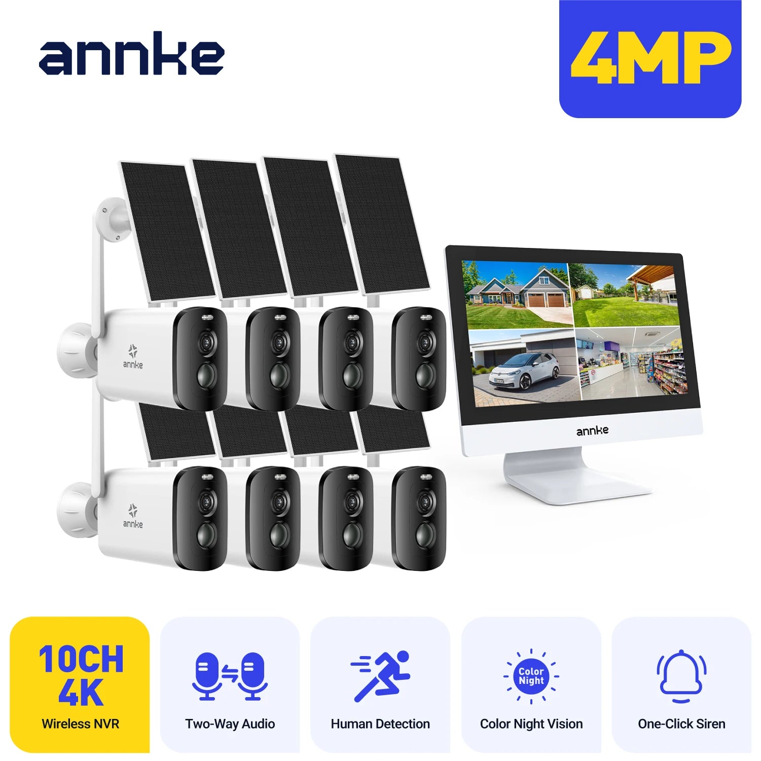 ANNKE 4MP Solar CCTV System | 10CH NVR, 5MP PTZ WiFi Cameras, PIR & Color Night Vision