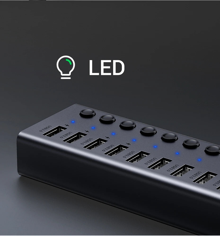 UGREEN 7‑Port USB 3.0 Hub with Individual Power Switches, 5Gbps High‑Speed Data