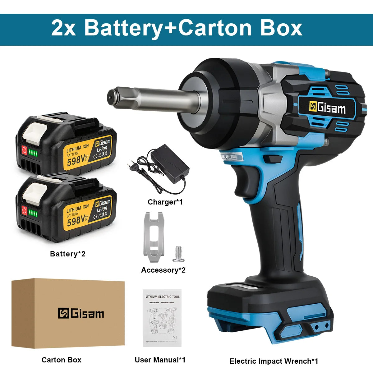 Gisam 2800N.m Brushless Extended Anvil Impact Wrench 1/2"