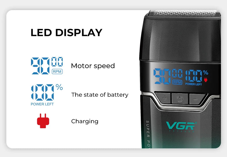 VGR Shaver Professional Beard Trimmer 9000 RPM Shaving Machine Razor Electric Shaver Reciprocating LED Shaver for Men V-308