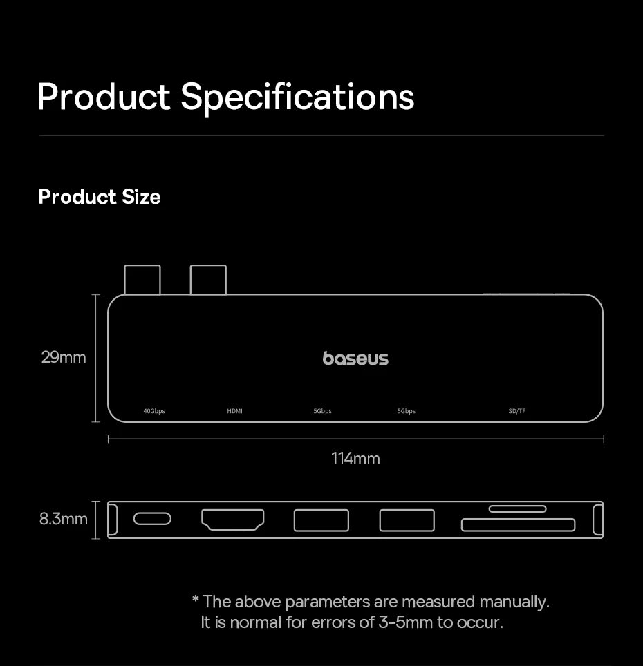 Baseus Dual USB‑C Hub | HDMI 4K@30Hz, Thunderbolt 3/4 40Gbps, USB 3.0, SD/TF