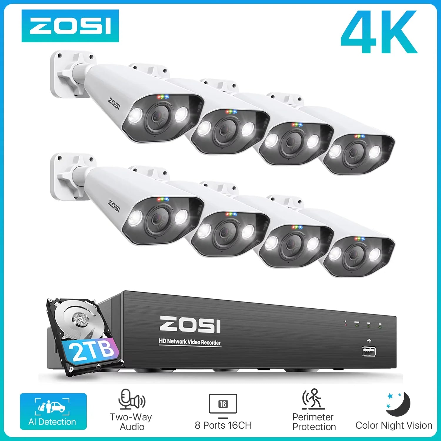ZOSI 4K 8MP PoE Security Camera System – 8CH NVR Kit with 5MP/8MP Outdoor IP Cameras | AI Human