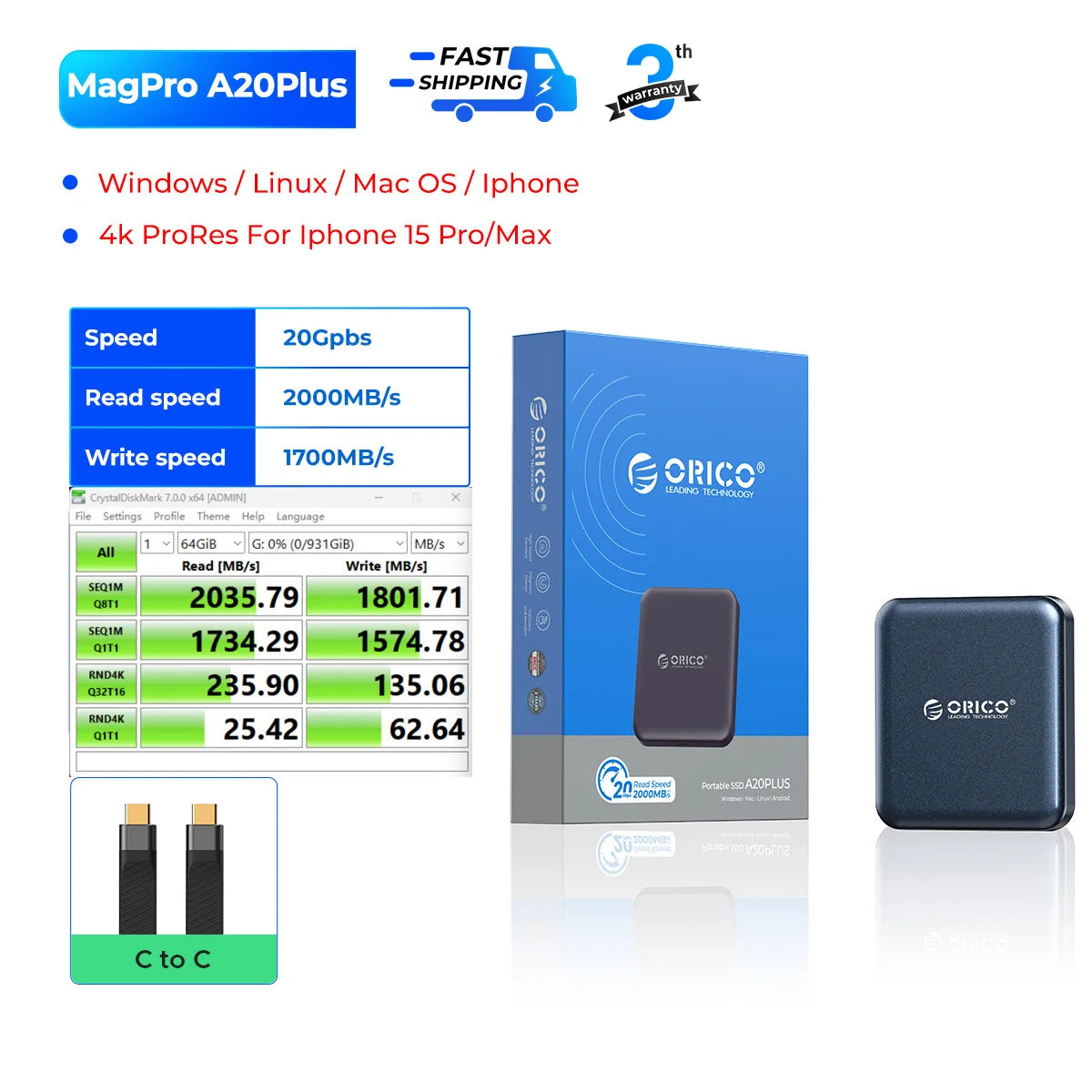 ORICO Magnetic Portable SSD USB3.2 20Gbps Supports 4K ProRes Video Recording for iPhone 15 Pro Series External Solid State Drive