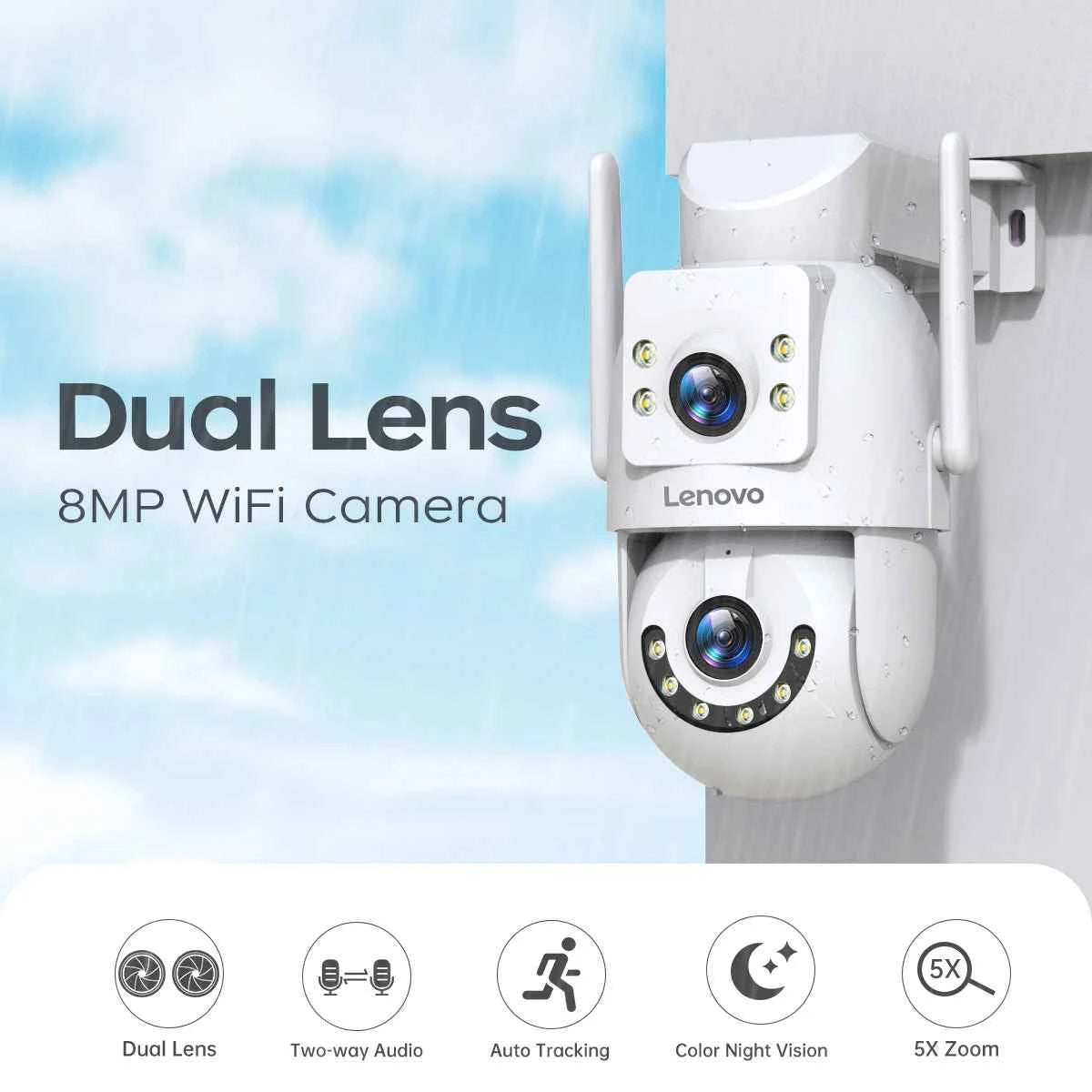 Lenovo WiFi PTZ Security Camera 8MP With Dual Screen Color Night Vision Outdoor Surveillance CCTV Camera Auto Tracking IP Camera - Limetastore