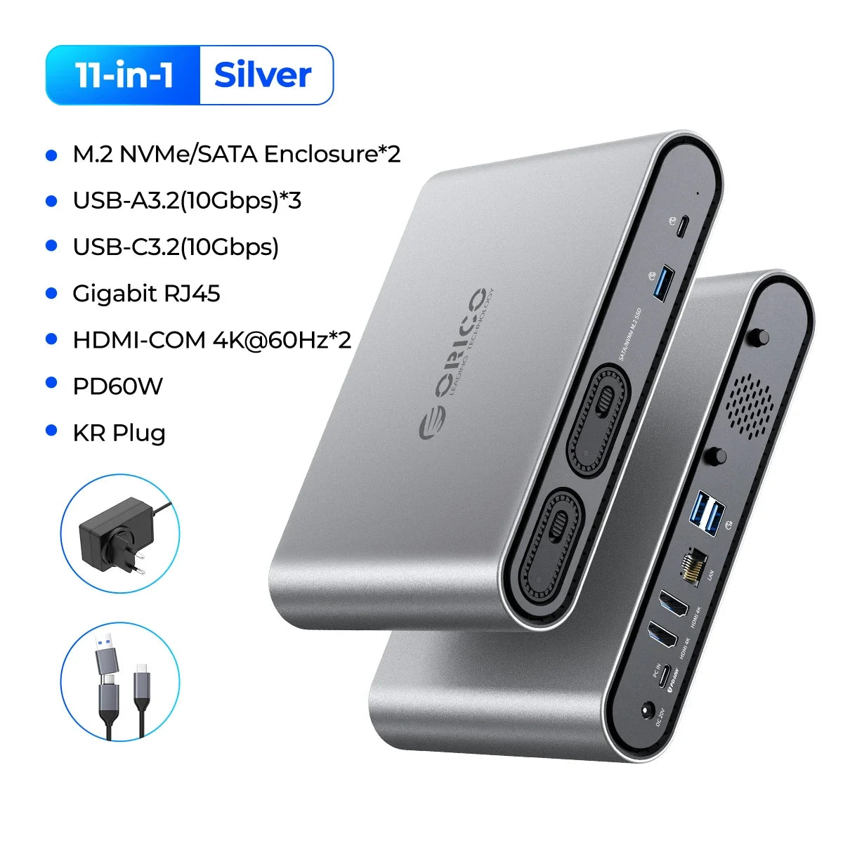 ORICO USB‑C Triple Display Docking Station with Dual M.2 NVMe/SATA SSD Enclosures