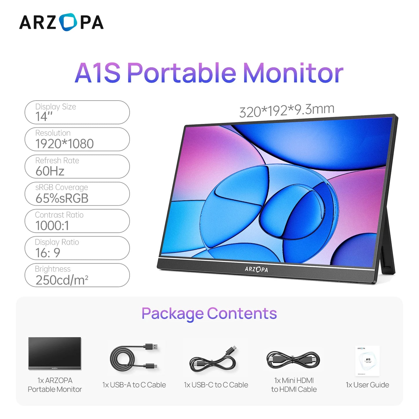 ARZOPA A1S 14" Portable Monitor | 1080P FHD, IPS, USB‑C & HDMI, Ultra‑Slim Travel Display