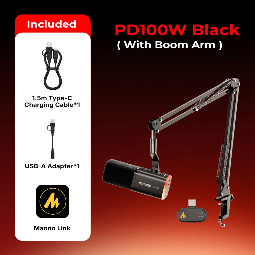 Maono PD100W – Wireless Dynamic Microphone | 50 m Range, One‑Touch Noise Reduction & RGB Lighting for Gaming, Streaming & Live Recording
