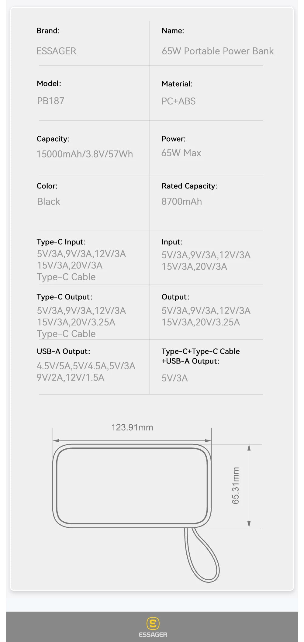 ESSAGER 15000mAh Power Bank 65W with USB-C Cable