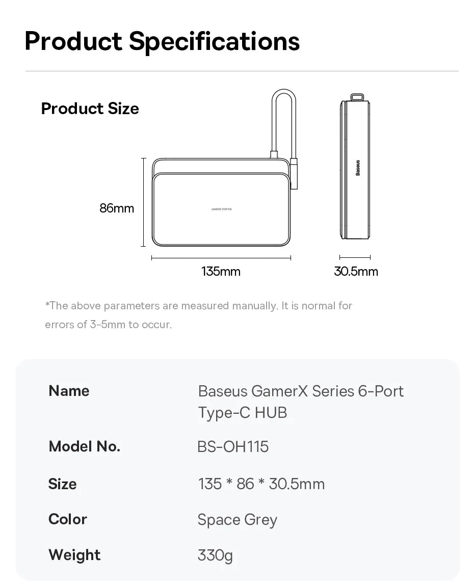 Baseus 6‑in‑1 USB‑C Docking Station | HDMI 4K@60Hz, RJ45, USB 3.0, PD 100W