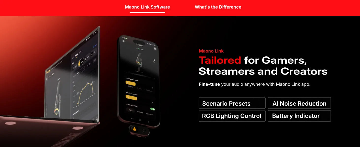 Maono PD100W – Wireless Dynamic Microphone | 50 m Range, One‑Touch Noise Reduction & RGB Lighting for Gaming, Streaming & Live Recording