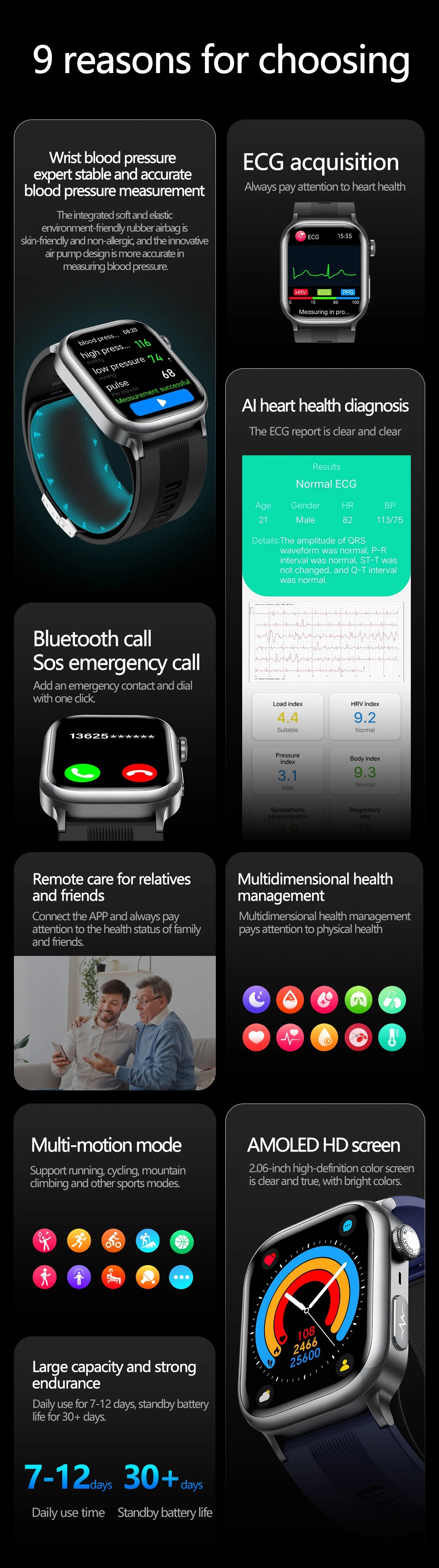 NFC Smart Watch Air Pump+Air Bag Accurate Blood Pressure Fat Health Measure BT Call Sports Tracking Sapphire Glass Smart Watch - Limetastore
