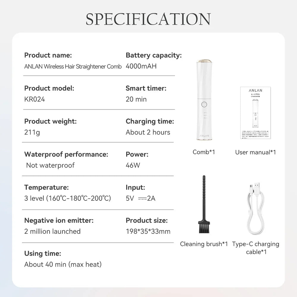 ANLAN Cordless Hair Straightener Brush | Ceramic, Negative Ions, Anti‑Scald, Portable