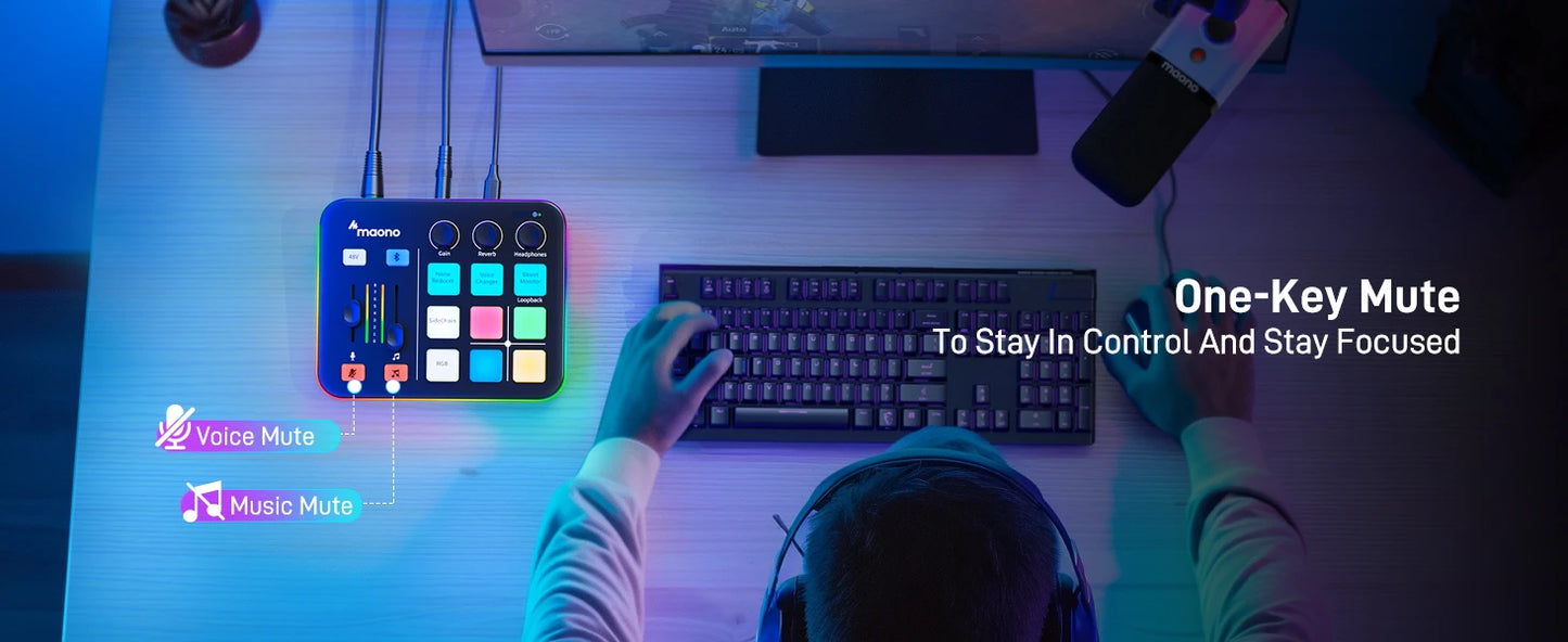 Maono G1 NEO – Gaming Audio Interface | 4‑Channel Mixer, Custom Sound Effects, RGB Lighting, XLR Input for Streaming & Podcasting