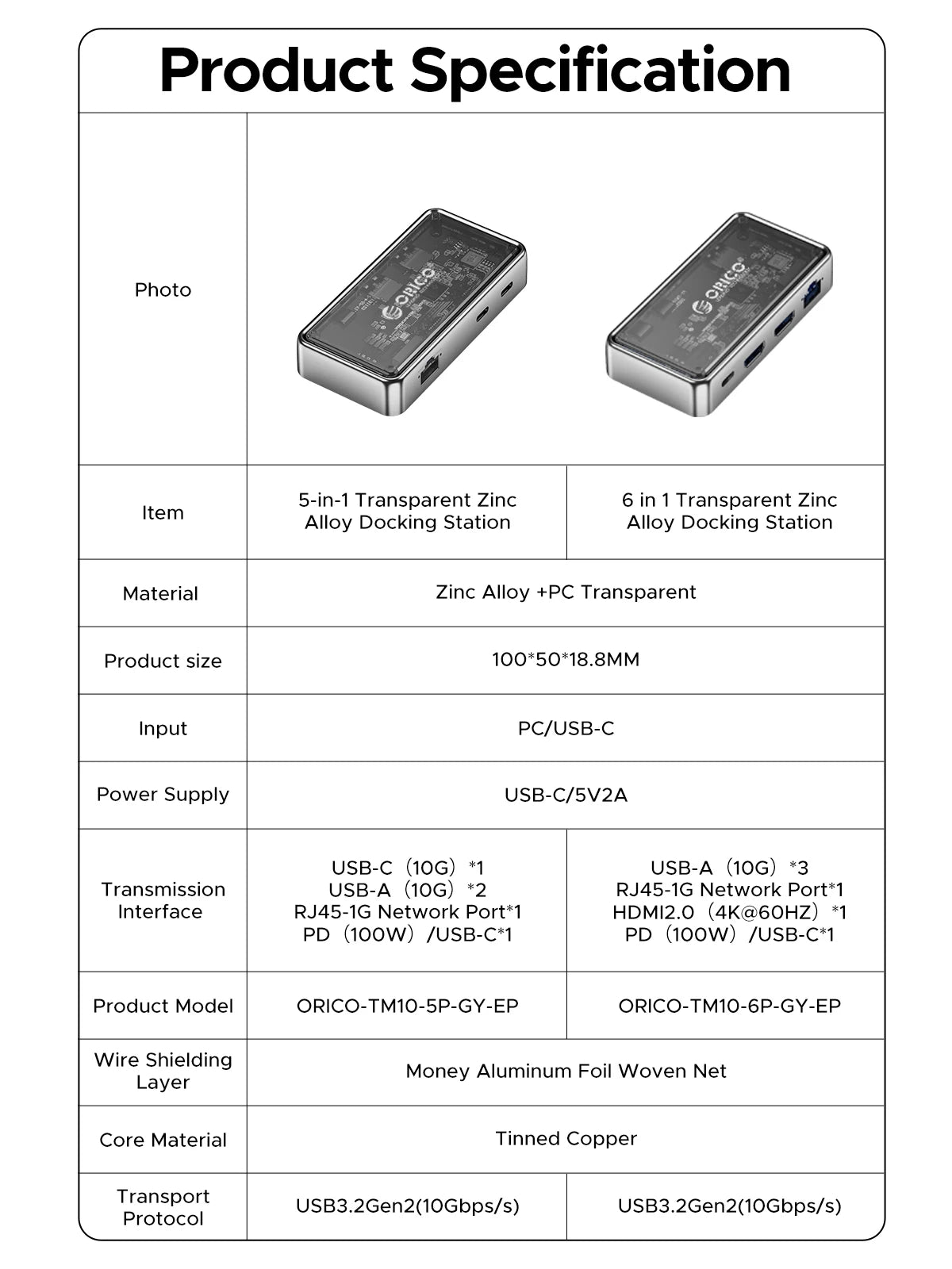 ORICO Metallic USB C HUB 10Gbps Docking Station 4K60Hz HDMI-compatible USB 3.0 Adapter RJ45 for Macbook Pro Laptop Accessories