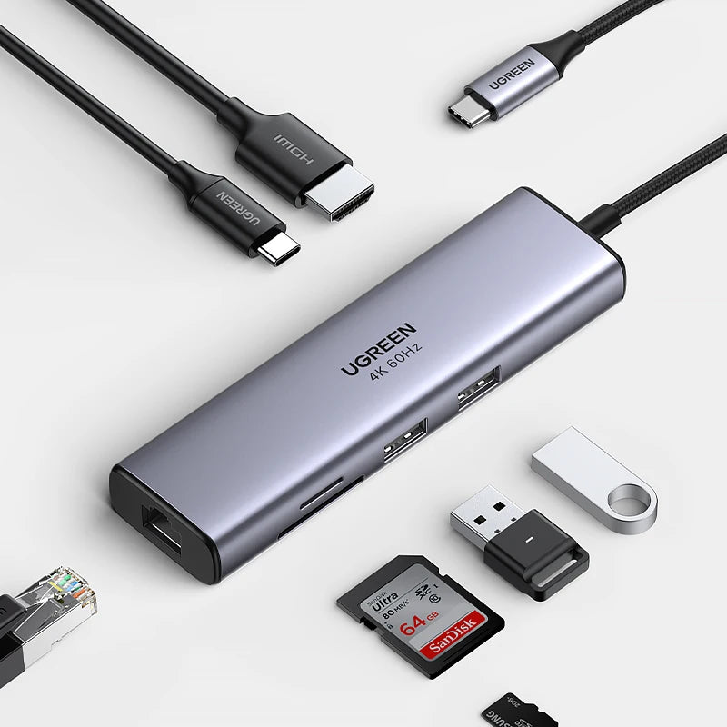 UGREEN 7‑in‑1 USB‑C Hub with 4K60Hz HDMI, SD/TF Card Readers, USB 3.0 5Gbps, PD100W – Multiport