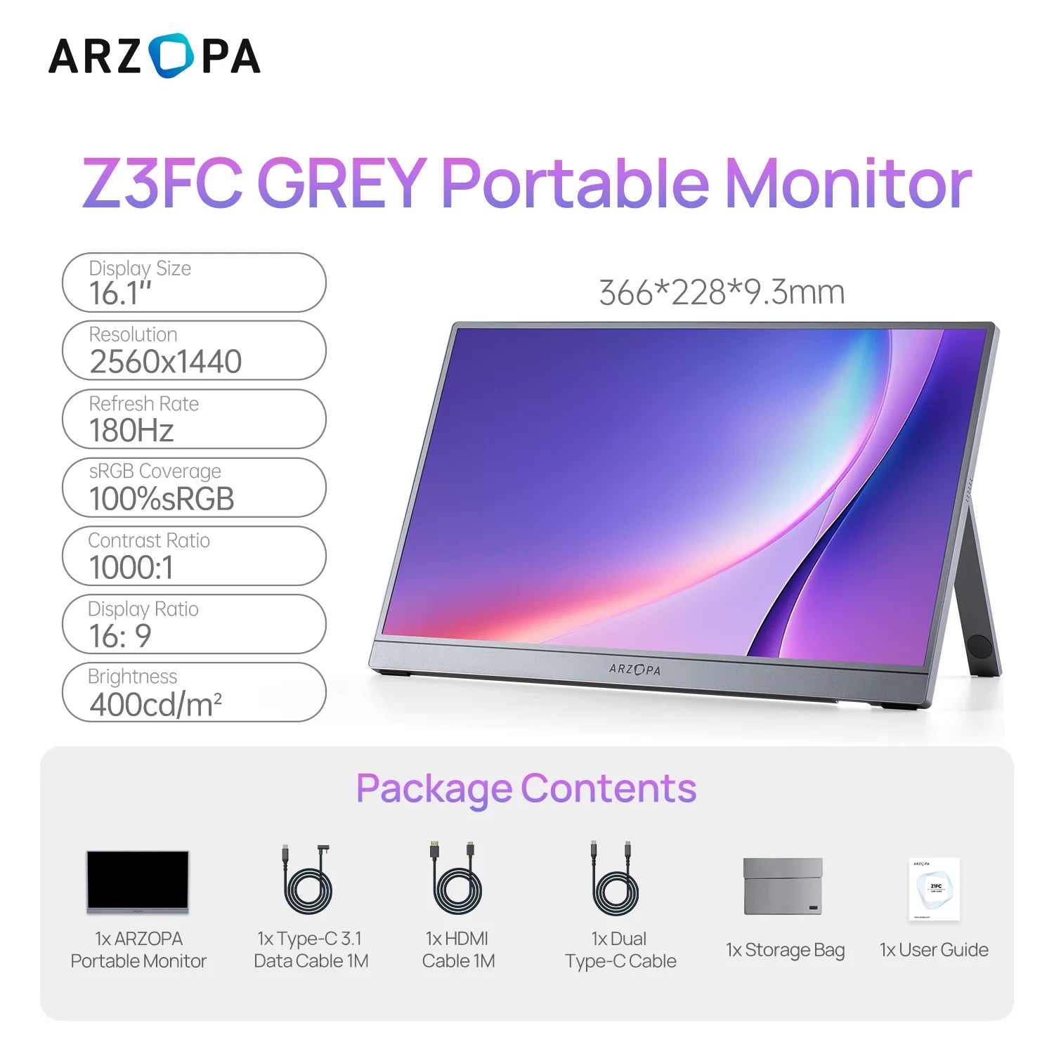 Prenosni monitor ARZOPA 15,6"/16,1" | 1080P FHD IPS, 60Hz/144Hz, USB‑C & HDMI, zunanji zaslon