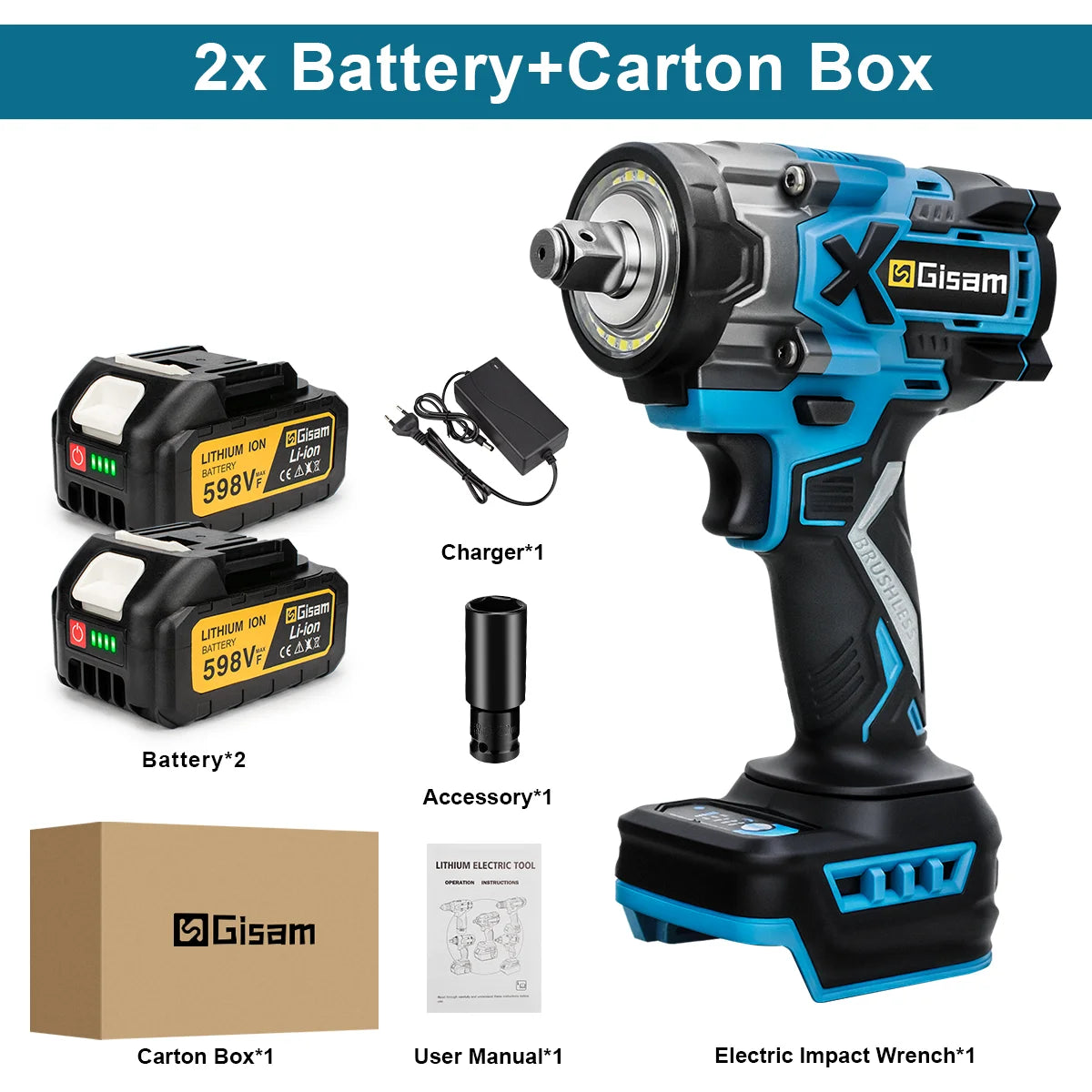 Gisam 900N.m Torque Brushless Electric Impact Wrench 1/2 inch Cordless Drill Screwdriver Power Tool Set For Makita 18V Battery