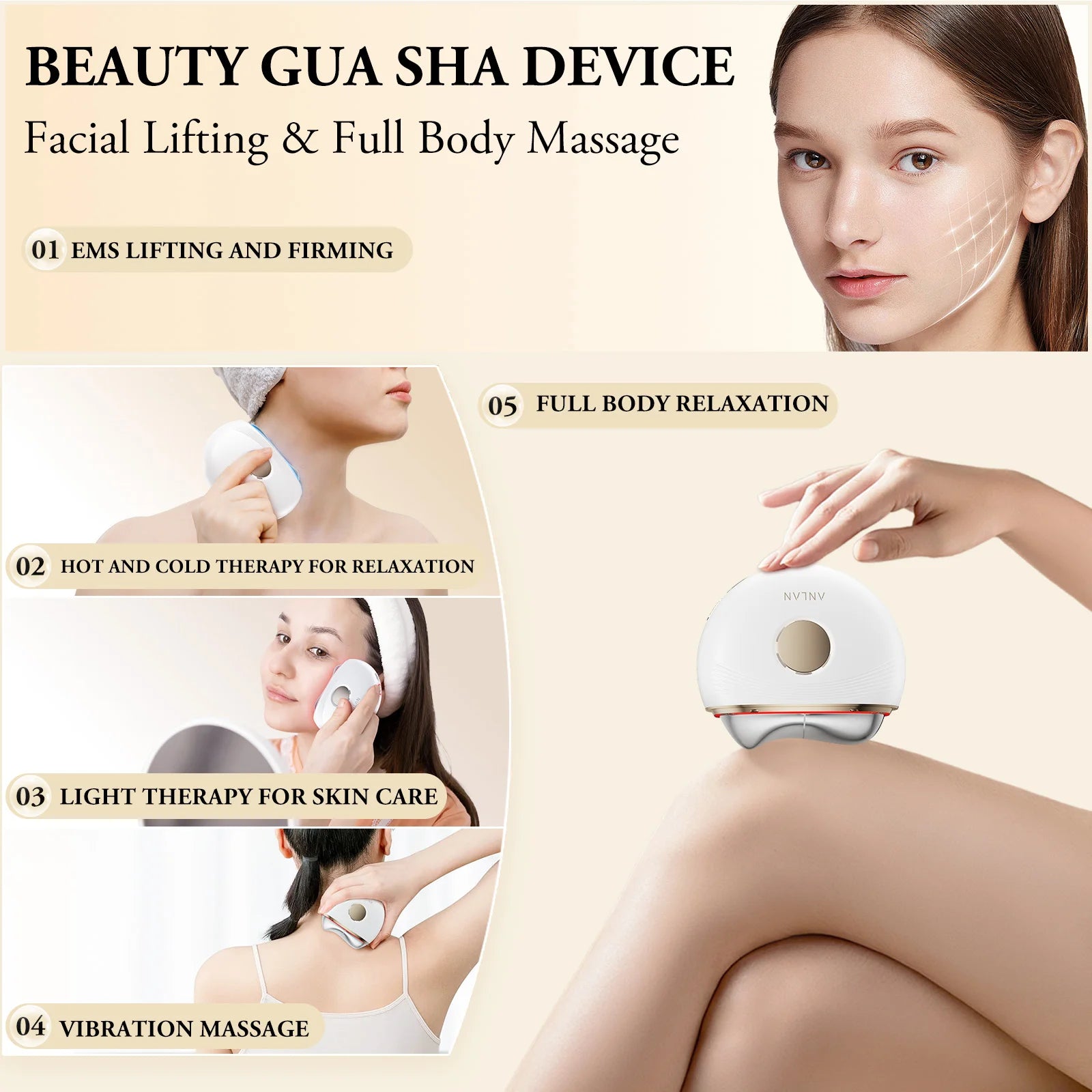 ANLAN Electric Guasha | EMS Lifting, Hot/Cold, Anti‑Aging Face Massager