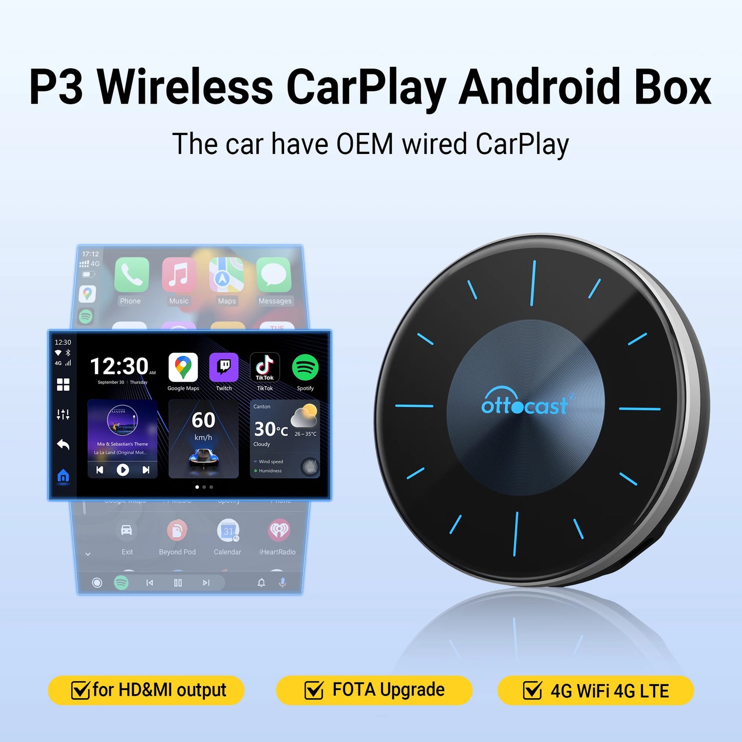 OTTOCAST P3 Wireless CarPlay Android AI Box with HDMI