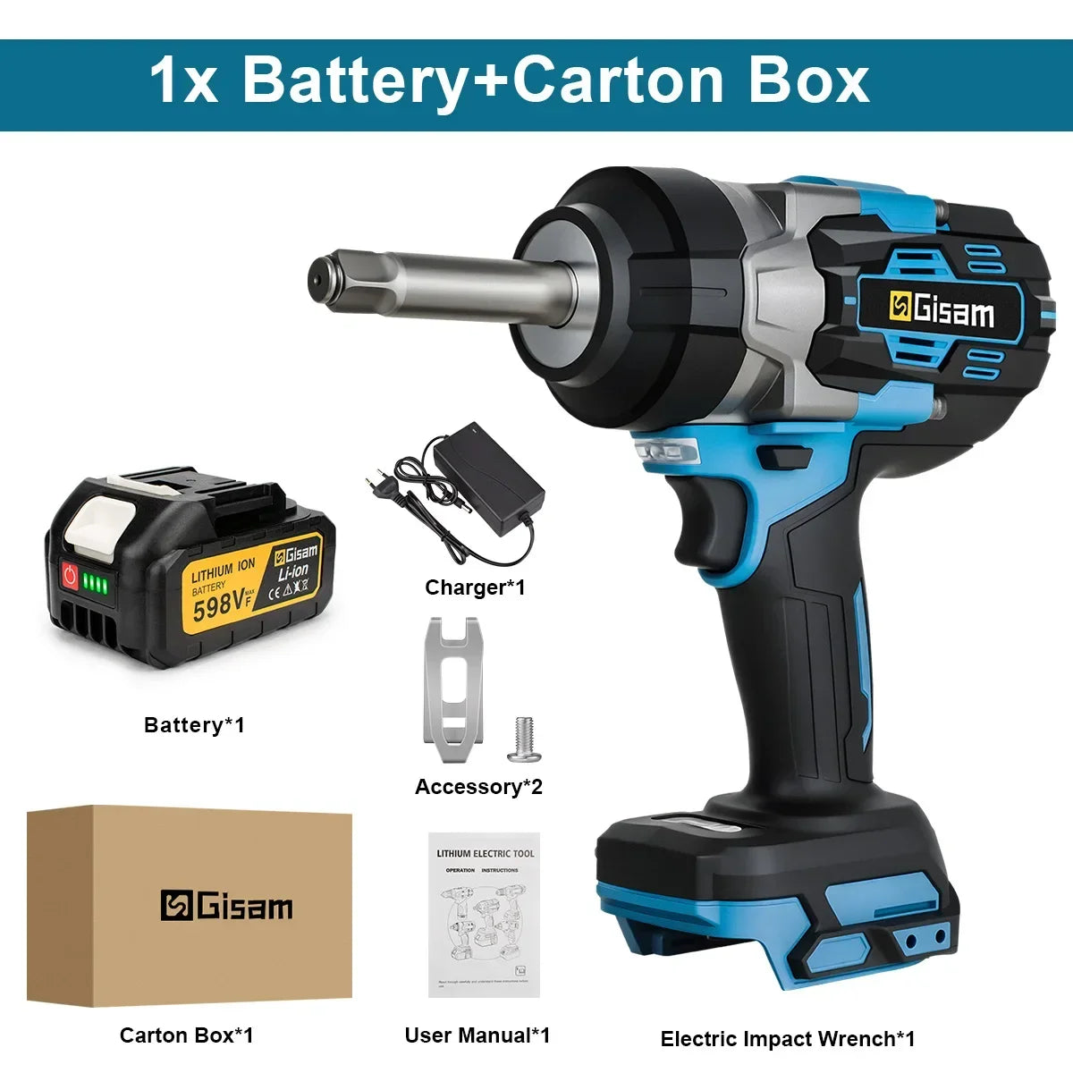 Gisam 2800N.m Brushless Extended Anvil Impact Wrench 1/2"