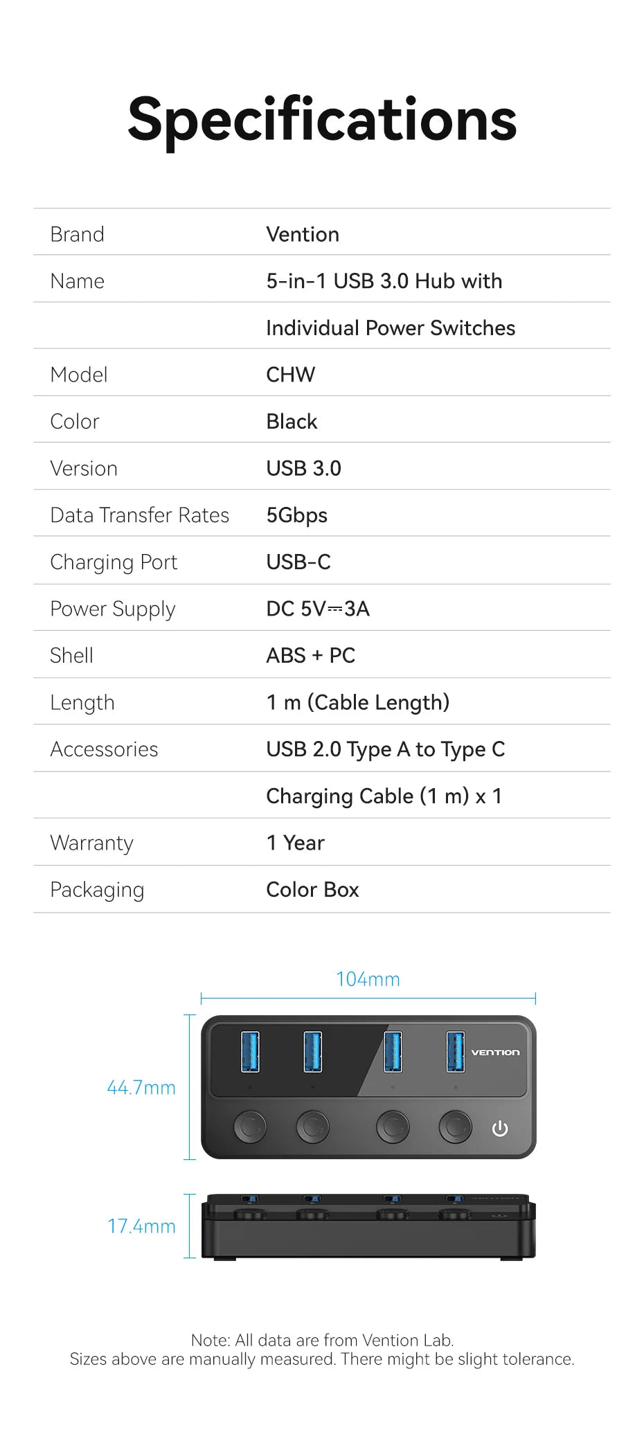Vention USB 3.0 HUB with Individual Switches | 5Gbps High‑Speed USB‑A Port Extender
