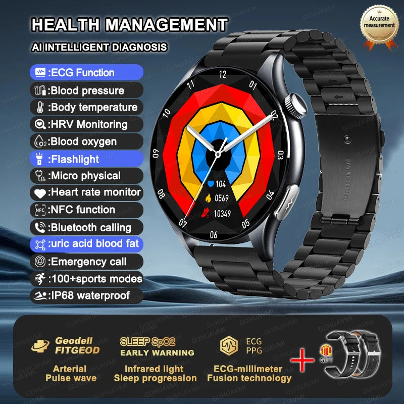 2025 New BMI Body Fat Blood Analysis Health Smartwatch NFC Bluetooth Call Smart Watch Led Flashlight Outdoor Sports Clock's Men - Limetastore