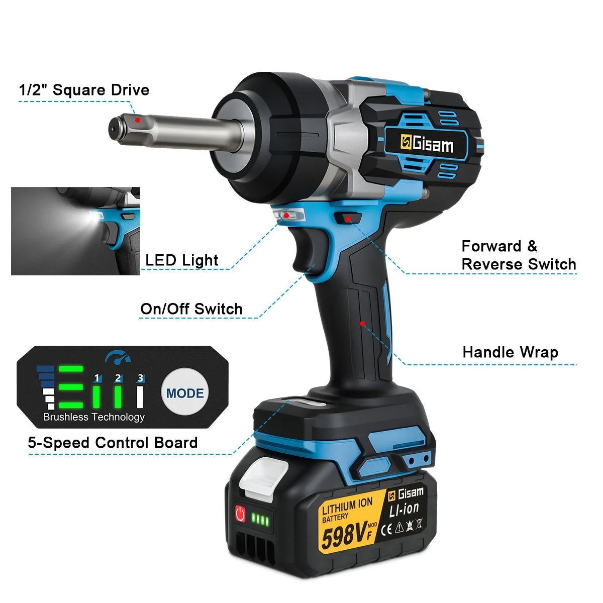 Gisam 2800N.m Brushless Impact Wrench 1/2"