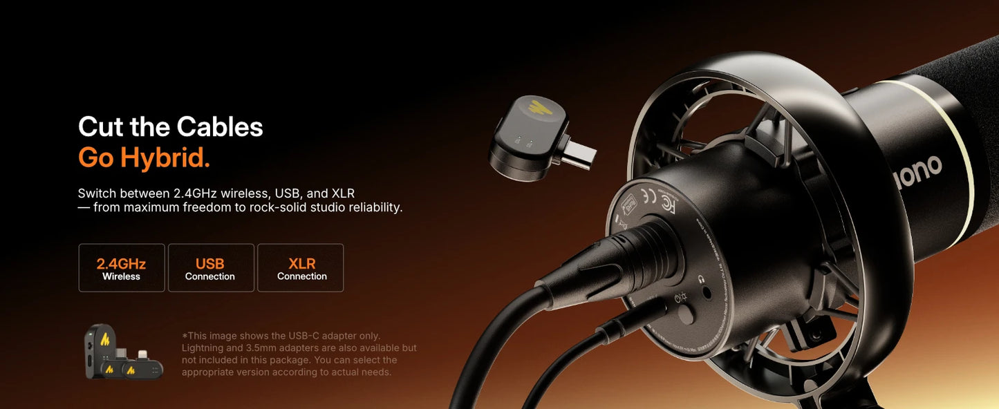 Maono PD200W – Hybrid Wireless Dynamic Podcast Microphone | XLR/USB Mic for PC, Phone & Camera
