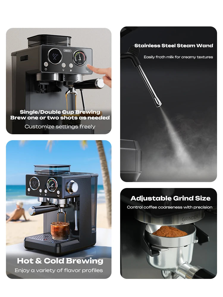 HiBREW H20 – polavtomatski espresso aparat | 20 barov tlaka | Vgrajen mlinček z 20 nastavitvami mletja