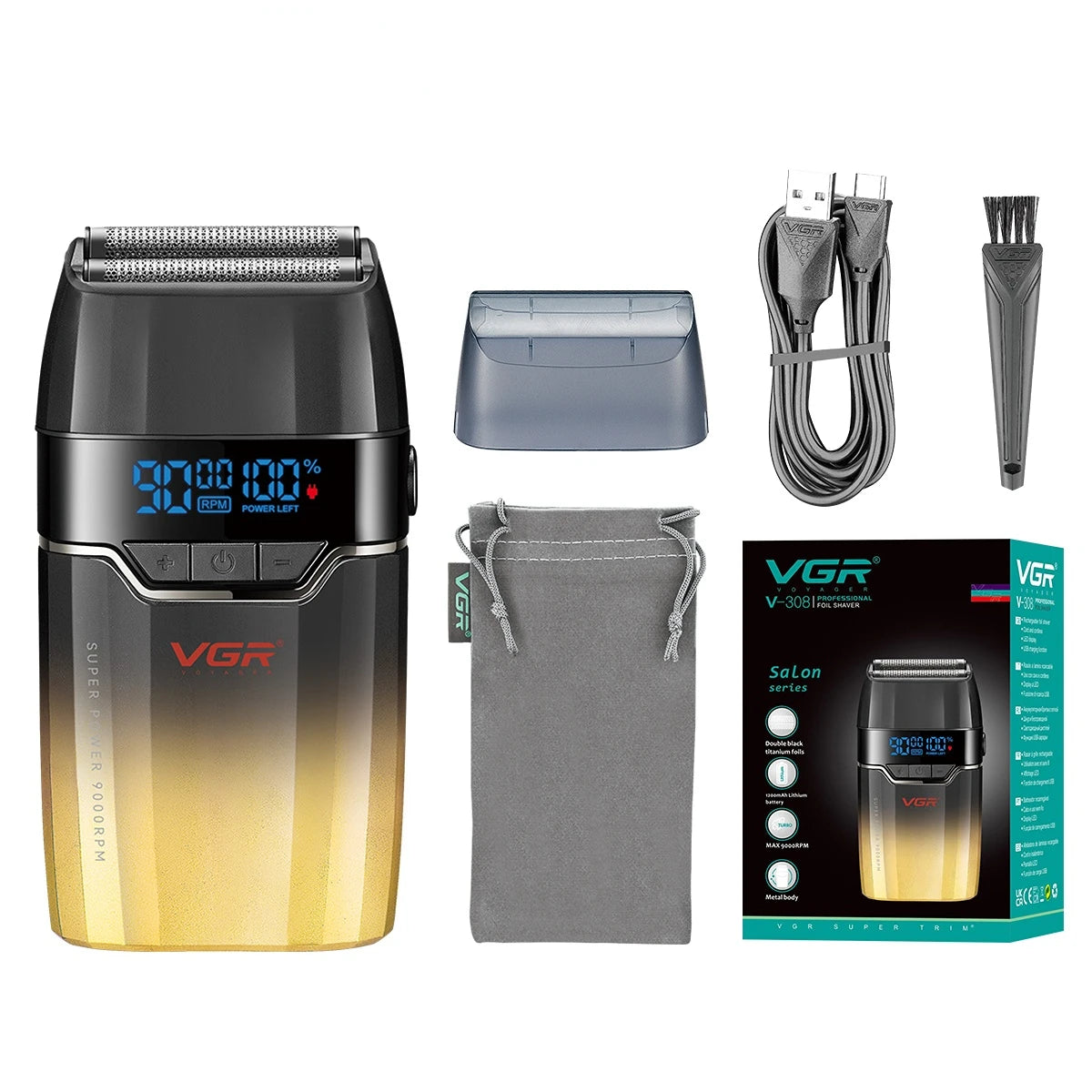 VGR Shaver Professional Beard Trimmer 9000 RPM Shaving Machine Razor Electric Shaver Reciprocating LED Shaver for Men V-308