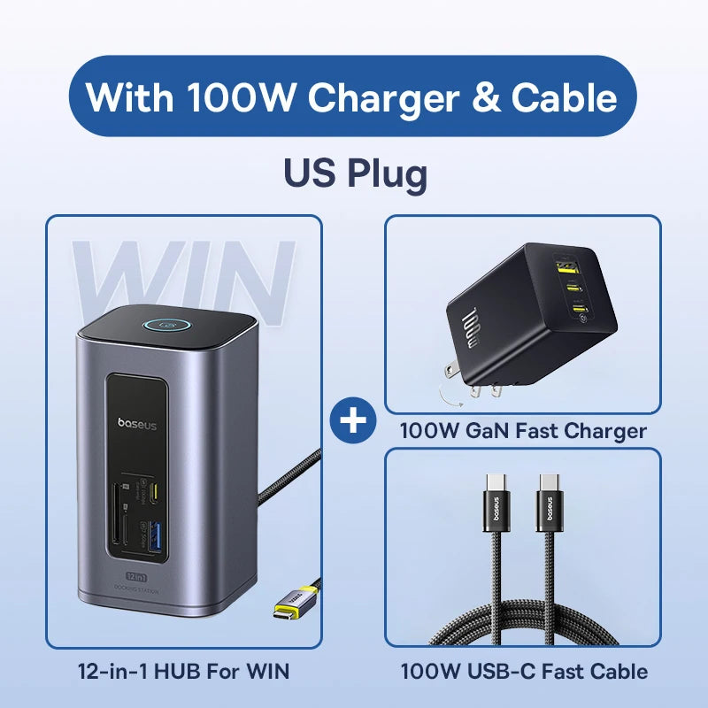 Baseus 12‑in‑1 USB‑C HUB | DisplayPort + HDMI 4K@60Hz MST, USB 3.2, RJ45, PD 100W Docking Station