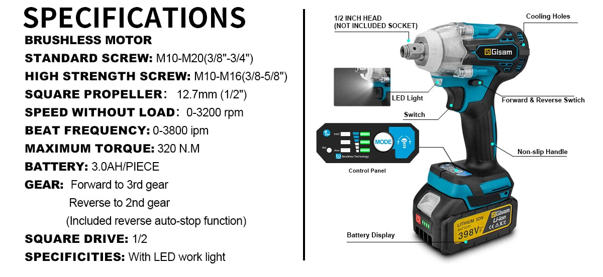 Gisam Brushless Power Tools Set for Makita 18V – Impact Wrench, Drill, Grinder, Hammer