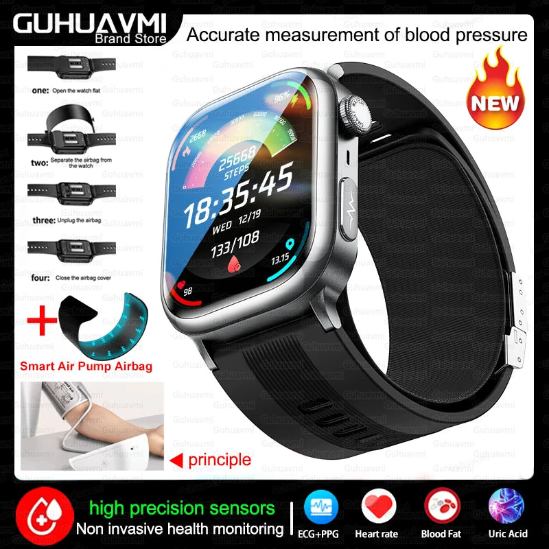 NFC Smart Watch Air Pump+Air Bag Accurate Blood Pressure Fat Health Measure BT Call Sports Tracking Sapphire Glass Smart Watch - Limetastore