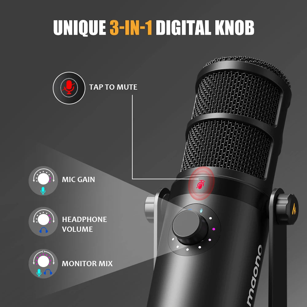 Maono PD400X – XLR/USB Dynamic Microphone | All‑Metal Podcast & Streaming Mic with One‑Touch Mute, Gain Control & Headphone Monitoring
