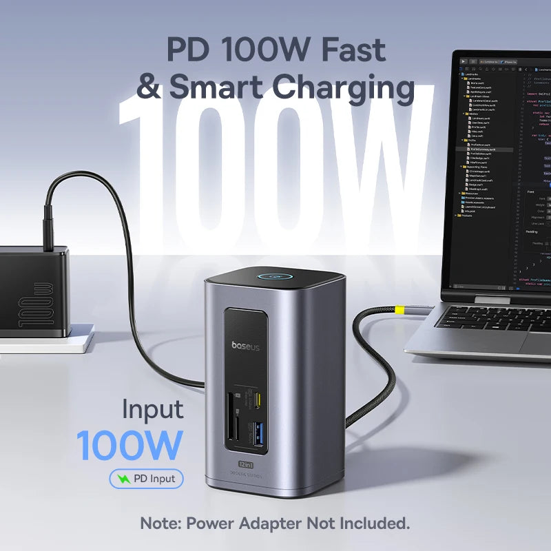 Baseus 12‑in‑1 USB‑C HUB | Dual HDMI 4K@60Hz, USB 3.2, RJ45, SD/TF, PD 100W Docking Station
